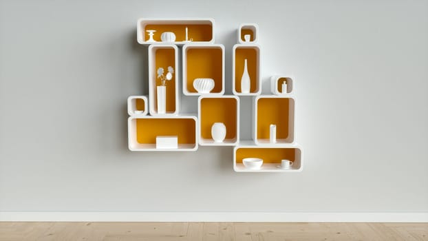 white wall shelf with white vases and white objects on wooden floor - 3D Rendering