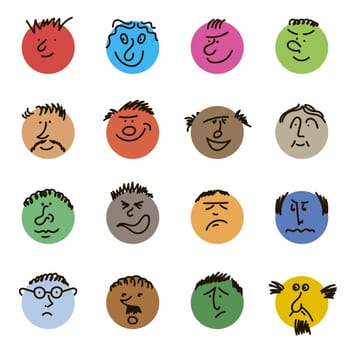 Colored Doodle Heads. Round comic Faces with various Emotions. Crayon drawing style. Different colorful characters. Cartoon style people. Hand drawn trendy illustration. Flat design circles.
