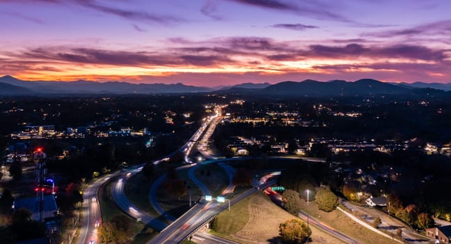 Scenic aerial view of sunset over Smoky Mountains from Asheville, North Carolina