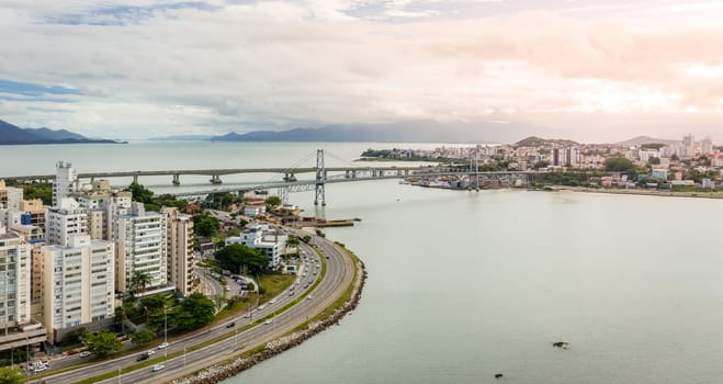 Aerial view of Hercilio Luz Bridge connecting the Island of Santa Catarina and Florianopolis to the mainland Brazil