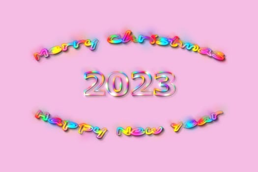 3D illustration New Year concept 2023 design with text glow rainbow design on a pirouette color background.