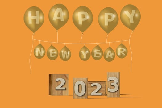 3D illustration New Year concept 2023 design with text on the wooden box and balloons on a marigold color background.