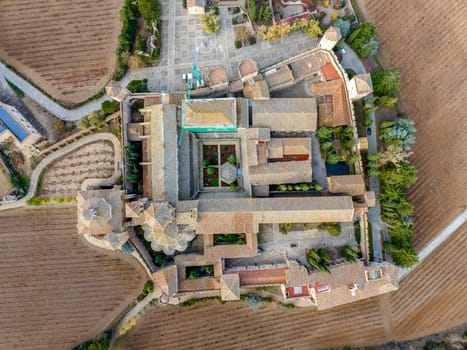 Monastery of Santa Maria de Poblet, Catalonia, Spain, Aerial view with detail of the cloisters