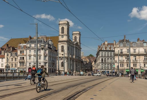 View of unidentified people on a street in Besancon, France
