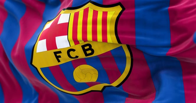 Barcelona, Spain, May 2022: Close up of the FC Barcelona flag waving . FC Barcelona is a Spanish professional football club based in Barcelona