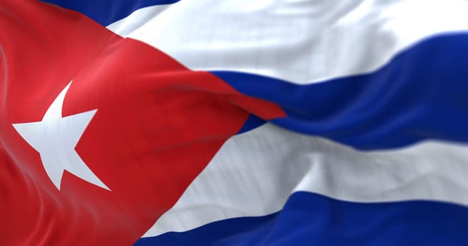 Close-up view of the Cuba national flag waving in the wind. The Republic of Cuba is an island state in Central America. Fabric textured background. Selective focus
