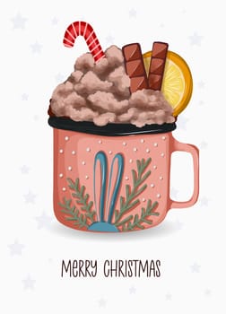 Cup with winter hot drink. Cocoa christmas.Vector illustration.