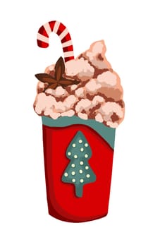 corporate postcard for coffee bar. Cappuccino or frapuccino in a red glass. Hand drawn vector illustration. Winter drink with cream and spices.Christmas caramel.