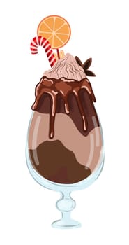 corporate postcard for coffee bar. Cappuccino or Frappuccino in a glass. Hand drawn vector illustration. Winter drink with cream and spices.