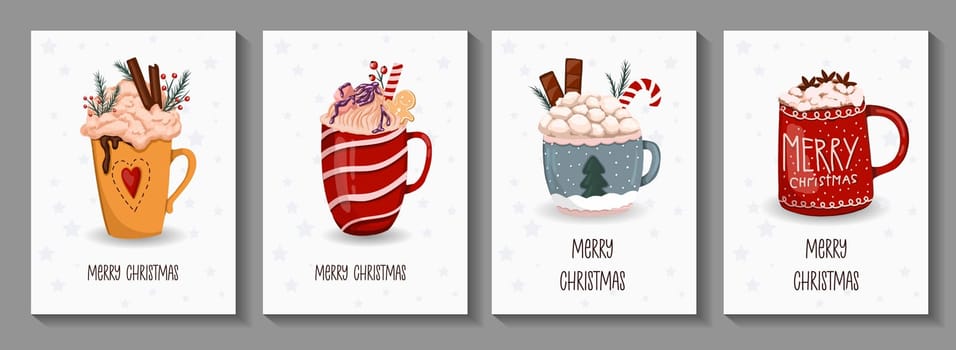 christmas card set with cute winter mugs. Drawn mugs with cocoa and hot chocolate, decorated with cinnamon sticks, cream and Christmas caramel. Cozy winter illustration in vintage style. Hygge style.
