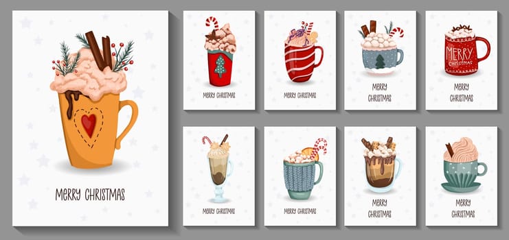 christmas card set with cute winter mugs. Drawn mugs with cocoa and hot chocolate, decorated with cinnamon sticks, cream and Christmas caramel. Cozy winter illustration in vintage style. Hygge style.