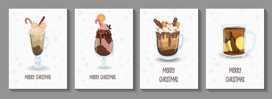 christmas card set with cute winter mugs. Drawn mugs with cocoa and hot chocolate, decorated with cinnamon sticks, cream and Christmas caramel. Cozy winter illustration in vintage style. Hygge style.
