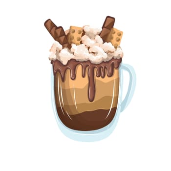 corporate postcard for coffee bar. Cappuccino or Frappuccino in a glass. Hand drawn vector illustration. Winter drink with cream and spices.