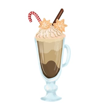 corporate postcard for coffee bar. Cappuccino or Frappuccino in a glass. Hand drawn vector illustration. Winter drink with cream and spices.