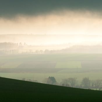View across a green meadow on a hill at foggy weather in the region Burgenland, Austria
