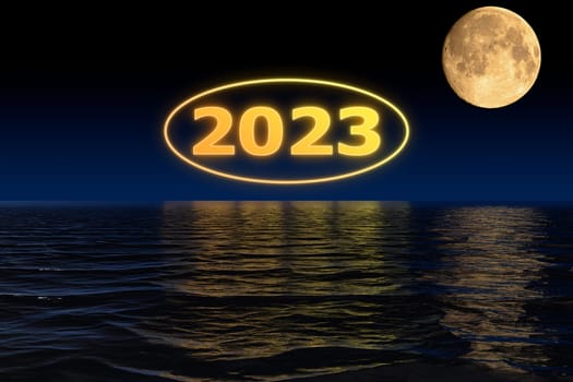 3D illustration concept New Year 2023 design with 2023 on the moon background and shadows in the water.