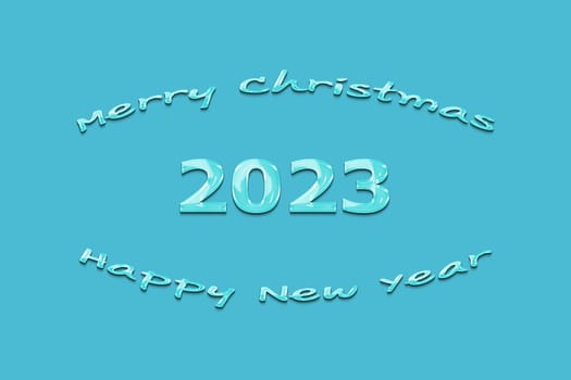 3D illustration New Year concept 2023 design with text gel design on a blue atoll color background.