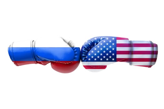 3D illustration flags of Russia and USA on boxing gloves isolated on a white background.