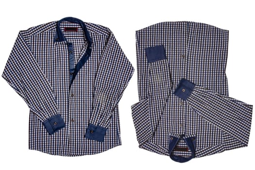 Checked shirts. Close-up of a blue gray and white tartan or plaid shirt for mens isolated on a white background in two views. Summer fashion of mans clothes.