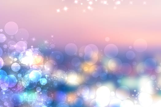 Abstract blurred festive delicate winter christmas or Happy New Year background with shiny light blue pink and white bokeh lighted stars. Space for your design. Card concept.