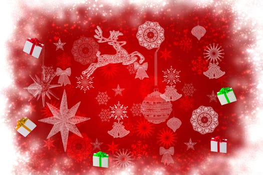 Abstract festive red pink glittering christmas background texture with bokeh lighted  stars, baubles, gift boxes, a stag and other xmas elements. Beautiful card design. Space.