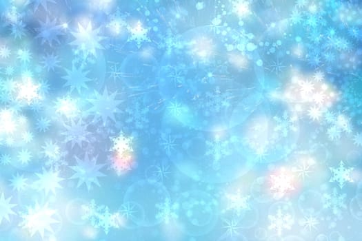 Christmas card template. Abstract festive blue winter christmas background texture with a pastel bokeh lighted xmas baubles and stars. Beautiful card design. Space.
