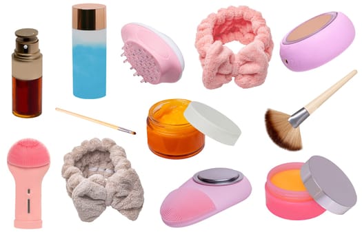 Collage of make up cosmetics and tools. Set of various open jars or bottles with cream for face, liquid make-up pillow, skin care products, modern electric facial cosmetology devices and other beauty accessories isolated on a white background.