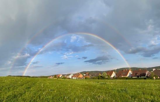 Rainbow is the refraction of sunlight into raindrops when it rains. Rainbow is the refraction of sunlight in rain in the raindrops.