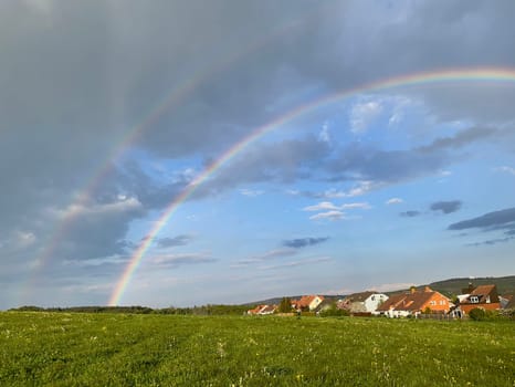 Rainbow is the refraction of sunlight into raindrops when it rains. Rainbow is the refraction of sunlight in rain in the raindrops.