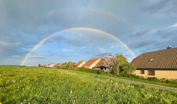 Rainbow is the refraction of sunlight into raindrops when it rains. Rainbow is the refraction of sunlight in rain in the raindrops.