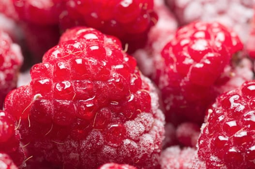 format-filling macro view of thawing raspberries with isolated frost crystals