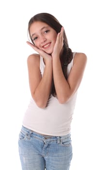 Lovely young girl with her hands near the head. Isolated on white background