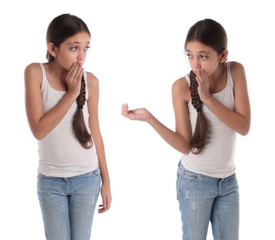 Collage of a young girl whispering. Isolated on white background