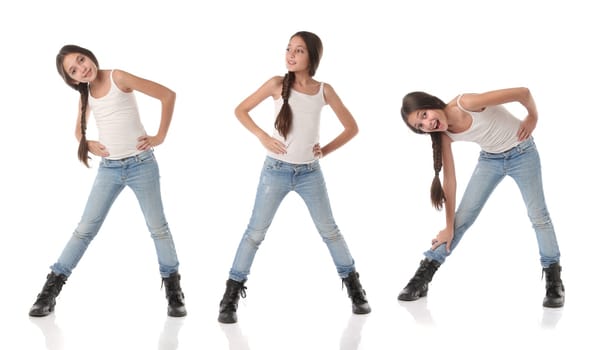 A happy young girl doing different poses. Isolated on white background