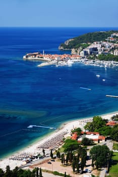 Aerial view of Budva, Montenegro on Adriatic coast.