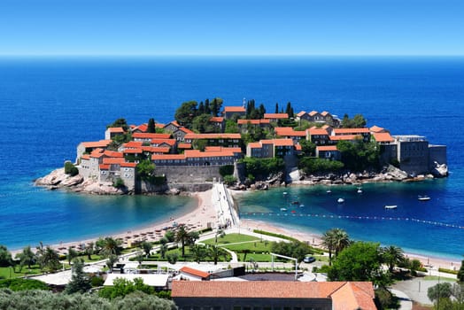 Sveti Stefan island near city of Budva, Montenegro on Adriatic coast.