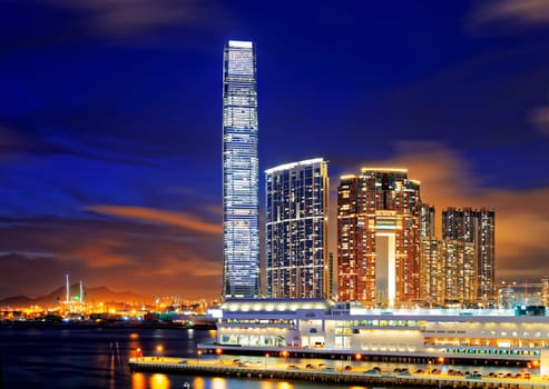 Kowloon office buildings at night, hong kong