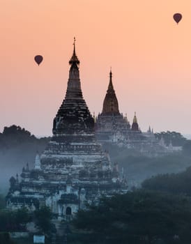 Bagan at sunrise with hot air balloon, Myanmar