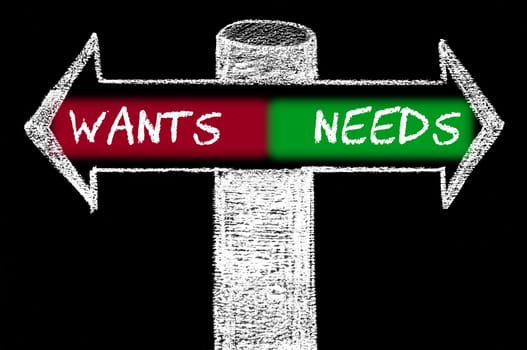 Opposite arrows with Wants versus Needs. Hand drawing with chalk on blackboard. Choice conceptual image