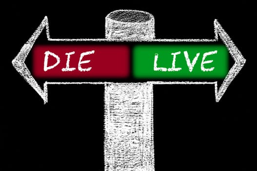 Opposite arrows with Die versus Live. Hand drawing with chalk on blackboard. Choice conceptual image