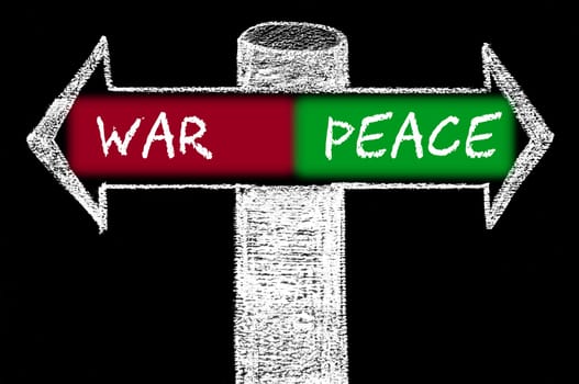 Opposite arrows with War versus Peace. Hand drawing with chalk on blackboard. Choice conceptual image
