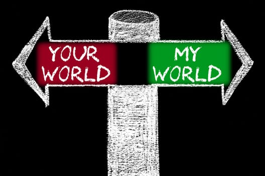 Opposite arrows with Your World versus My World. Hand drawing with chalk on blackboard. Choice conceptual image