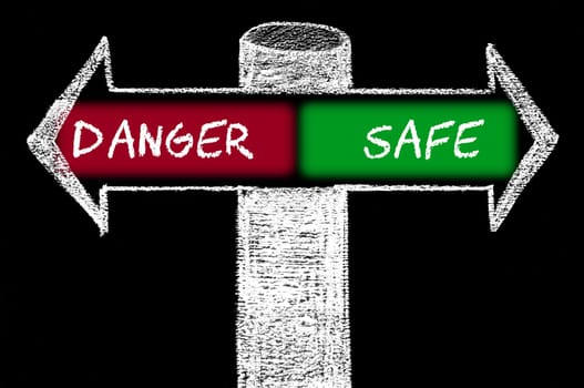 Opposite arrows with Danger versus Safe. Hand drawing with chalk on blackboard. Choice conceptual image