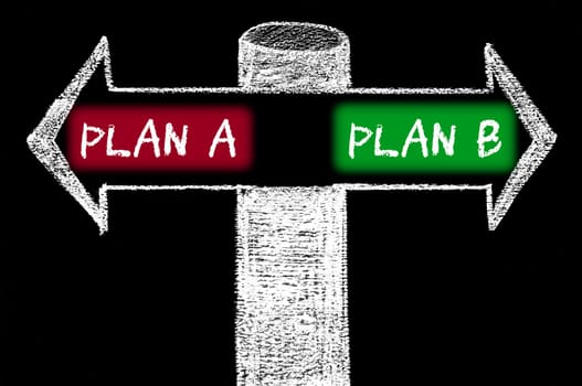 Opposite arrows with Plan A versus Plan B. Hand drawing with chalk on blackboard. Choice conceptual image