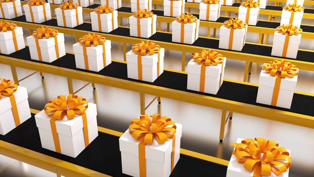 Gift boxes on conveyor. Computer generated 3d render