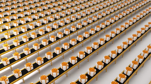 Gift boxes on conveyor. Computer generated 3d render