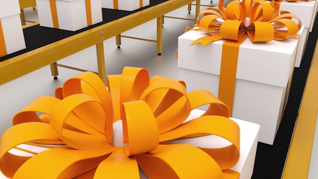Gift boxes on conveyor. Computer generated 3d render