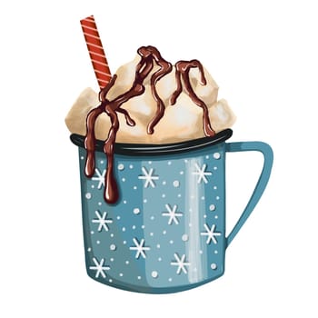 cup with christmas cocoa and cream. marshmallow and cappuccino. mug with winter hot drink isolated on white background
