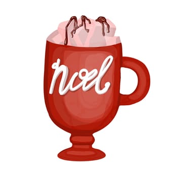 cup with christmas cocoa and cream. marshmallow and cappuccino. mug with winter hot drink isolated on white background