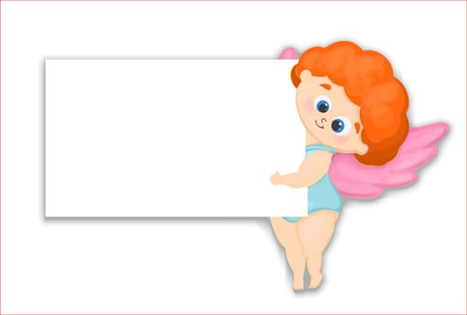 Horizontal banner for Valentine's Day 14 February. Cute cupid character. white background for text